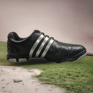 Adidas Tour360 Golf Shoes Men’s 9.5 Black Leather Spiked Cleats Silver Stripes